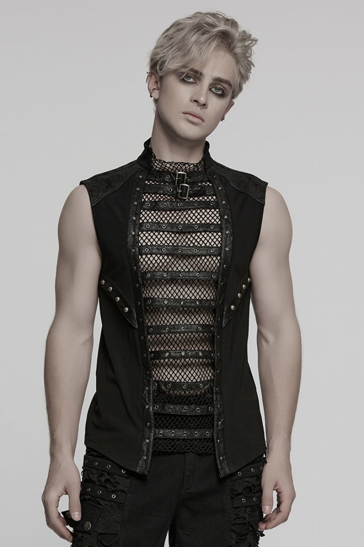 Black Sleeveless Stitching Mesh Eyelet Straps Men's Punk Vest