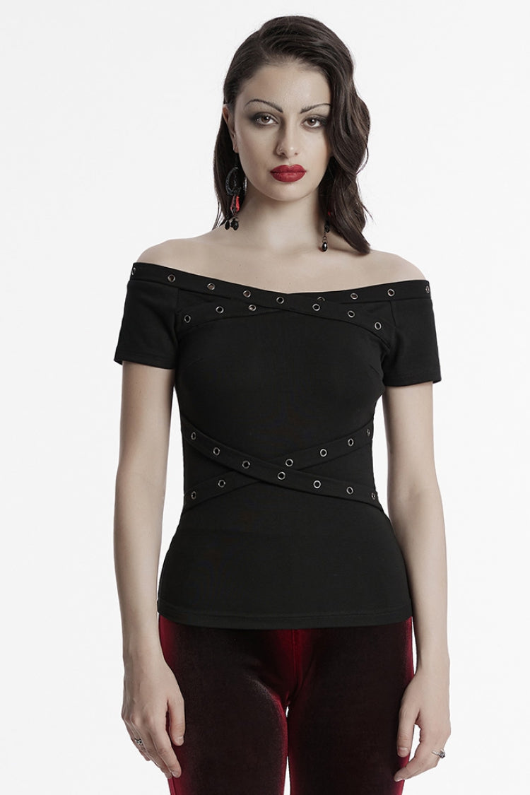 Black Off Shoulder Short Sleeves Eyelet Straps Women's Gothic Blouse