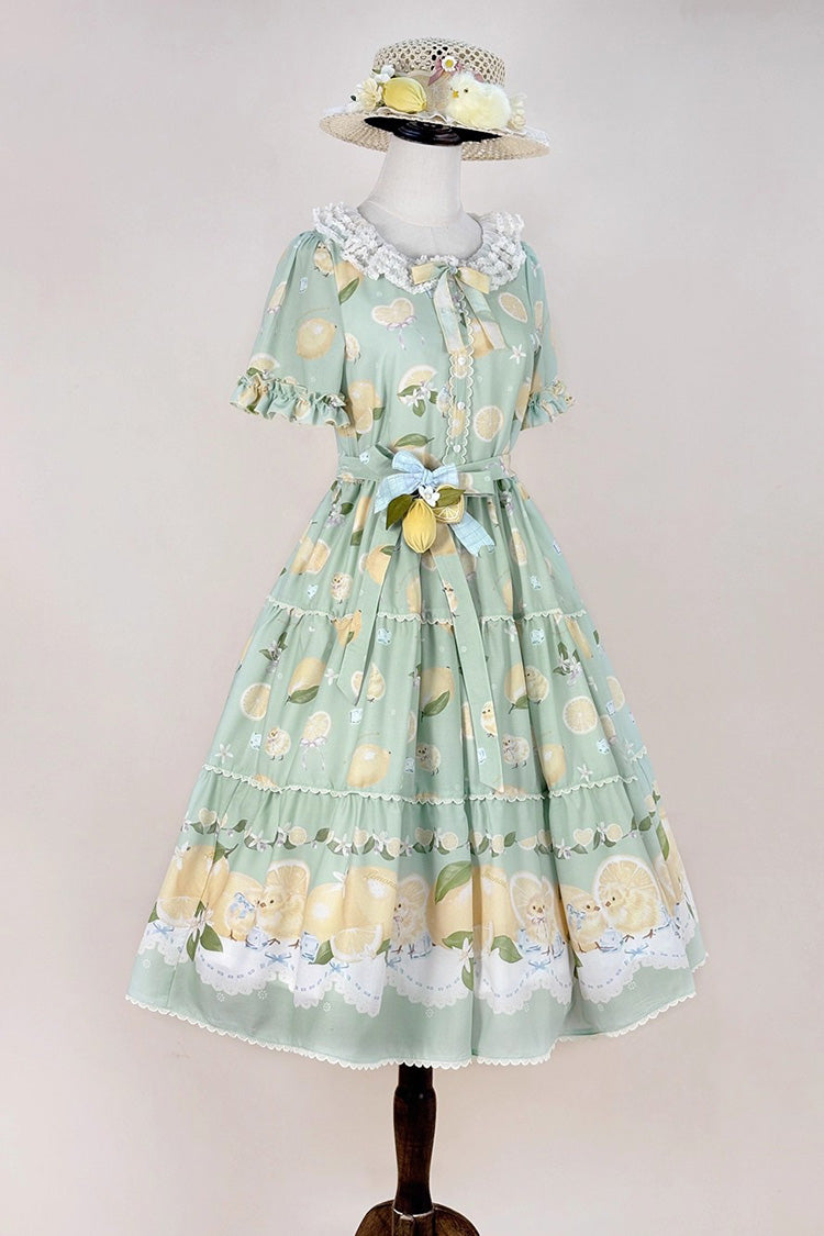 Green [Lemon Chicken] Short Sleeves Print Ruffle Bowknot Lace Daily Sweet Lolita Dress