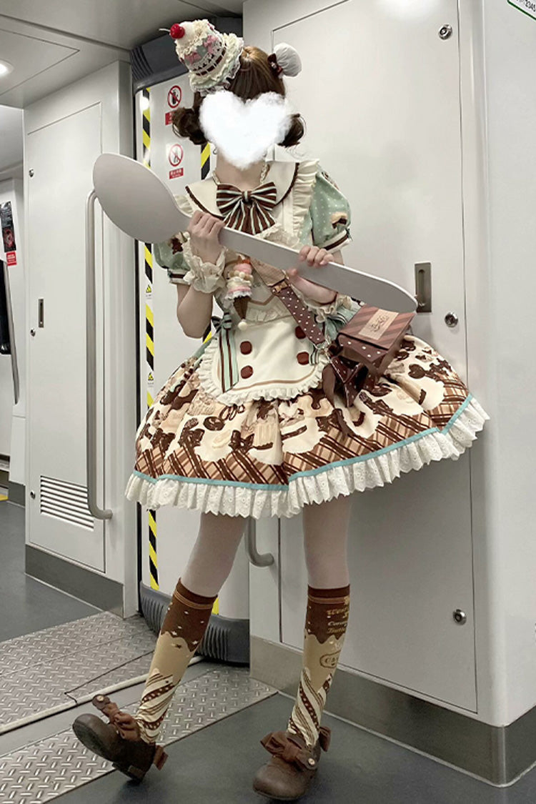 Brown [Peppermint Chocolate] Chocolate Cake Bear Print Ruffle Bowknot Lace-Up Sweet Lolita Dress