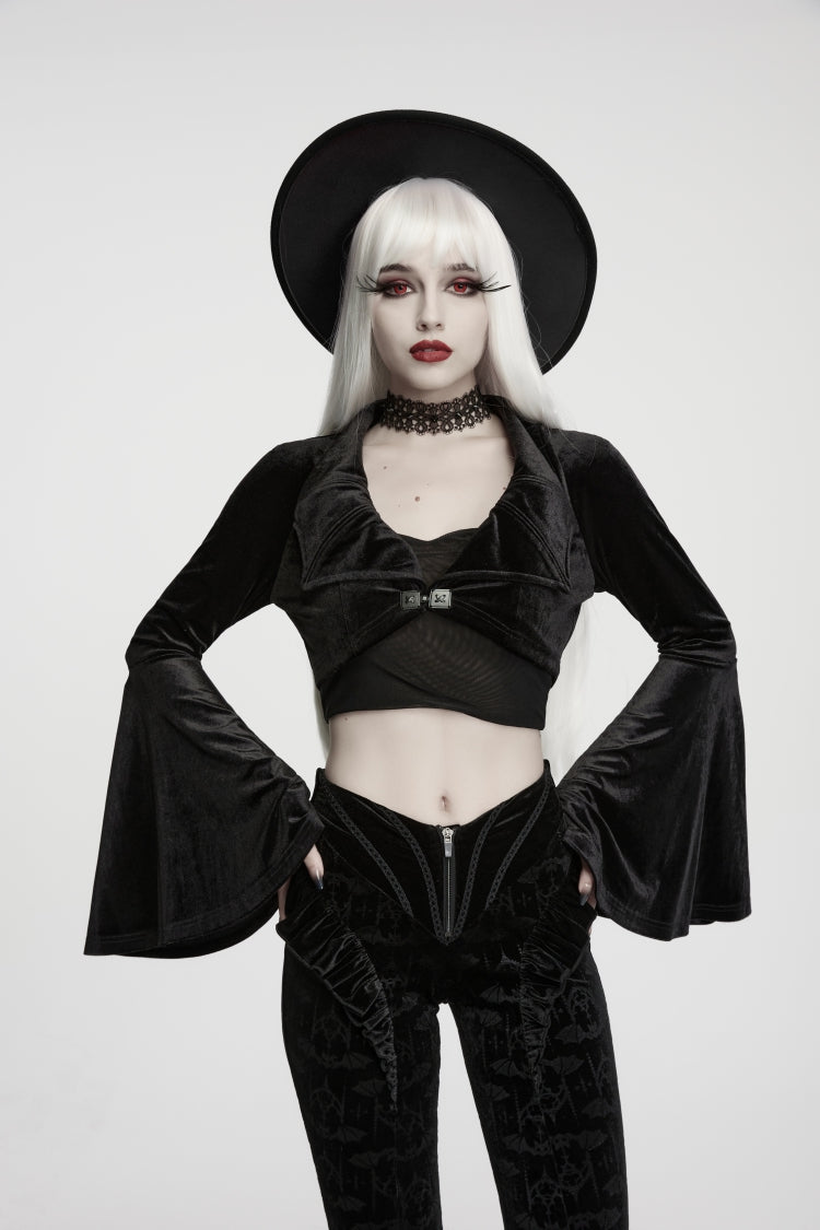 Black  Women's Gothic Velvet Bat Wing Collar Flare Sleeve Short Jacket