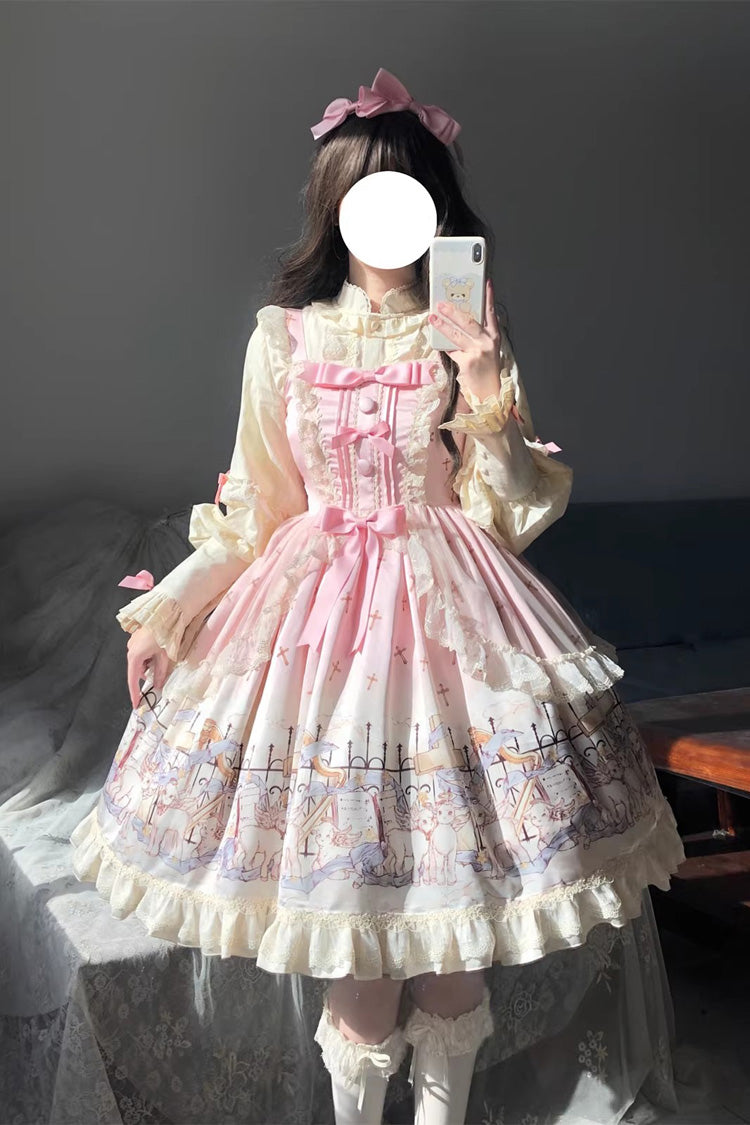 [Angel Lamb] Sleeveless Printed Ruffled Bow Sweet Lolita Jsk Dress 3 Colors