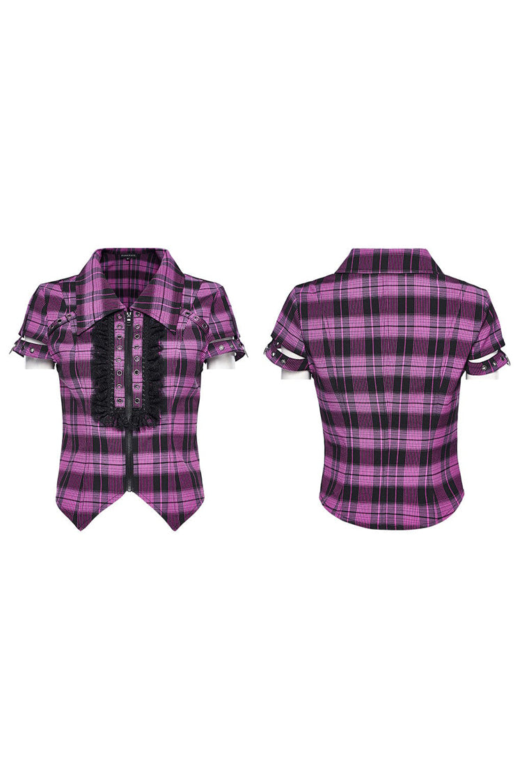 Damen Bluse mit kurzen Ärmeln, Karomuster, hohle Spitze, Steampunk-Stil, 2 Farben