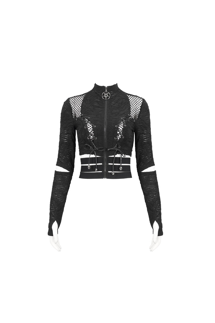 Black Ruched Strap Splice Mesh Long Sleeves Women's Gothic Shirt