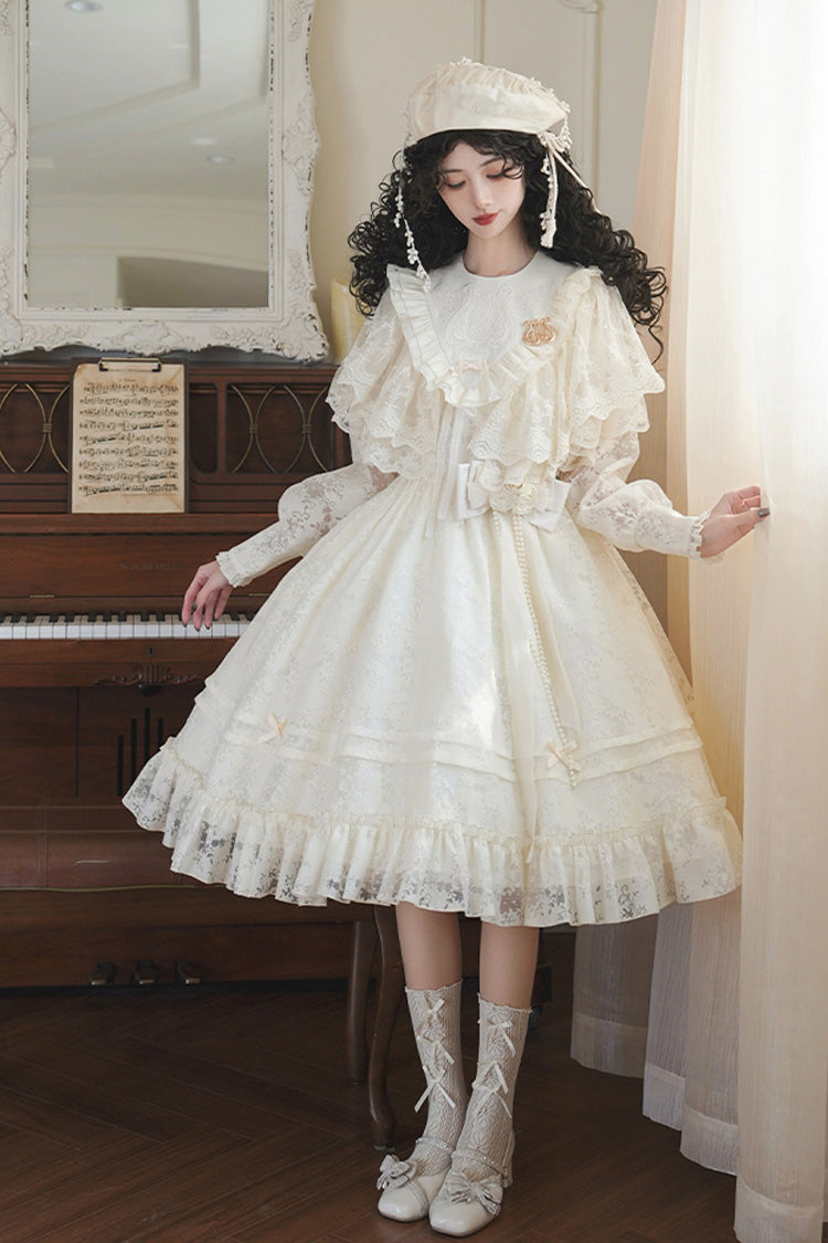 Ivory [Flower Sound] Long Sleeves Ruffle Cardigan Bowknot Lace Sweet Lolita Dress