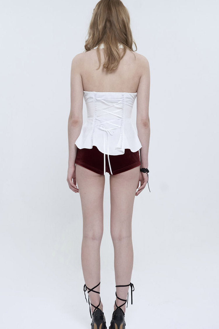 White Sleeveless Chiffon Front Lace Back Drawstring Straps Backless Women's Punk Blouse
