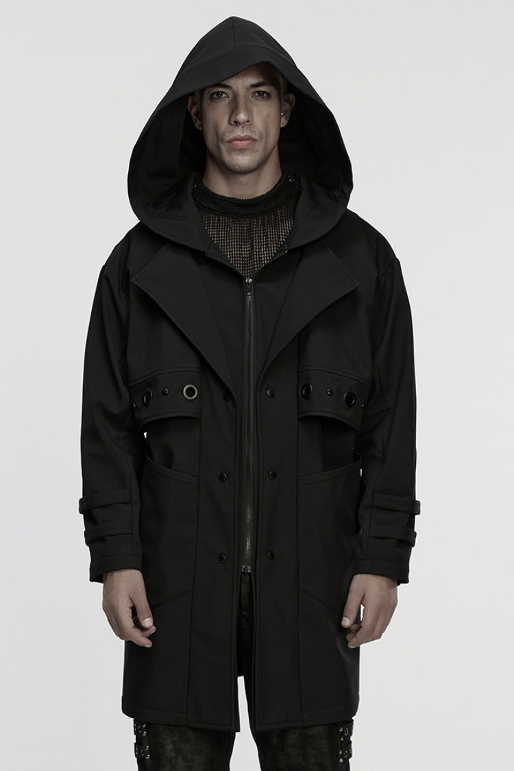 Black Lapel Collar Long Sleeves Hooded Zippered Eyelet Men's Gothic Coat