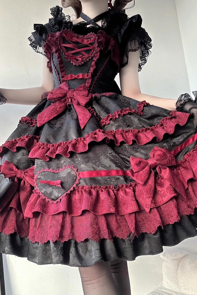 Noir/Rouge [Super Cute Belia] Robe Lolita Jsk Élégante Gothique en Dentelle avec Nœud à Volants à Trois Couches sans Manches 