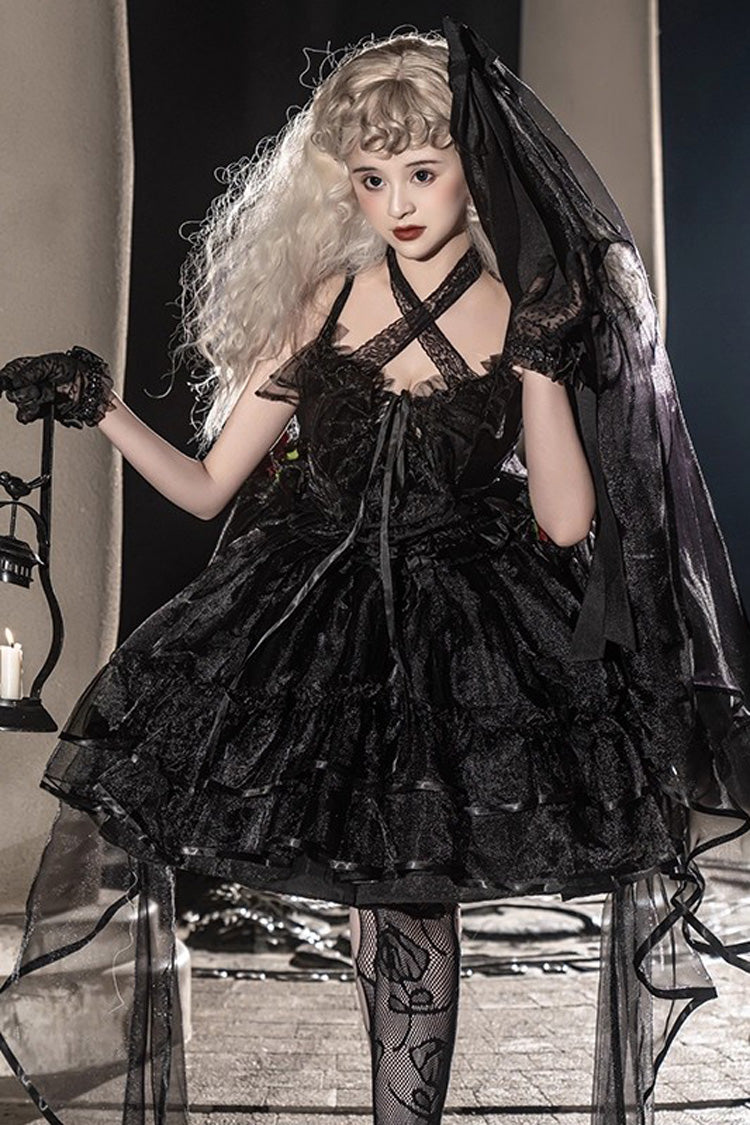 [Seven Deadly Sins] Sleeveless Double-Layered Ruffle Hanayome Bowknot Lace Gothic Plus Size Lolita Jsk Dress 3 Colors
