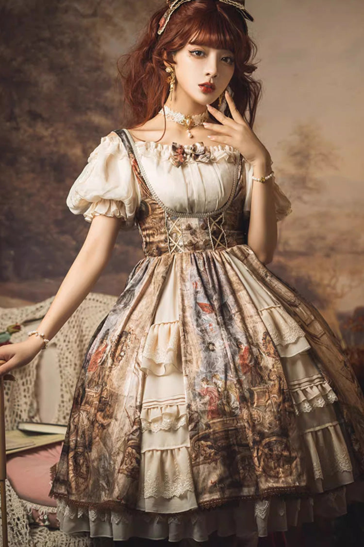 Brown [Cloria] Oil Painting Print Bowknot Lace Sweet Elegant Palace Lolita Jsk Dress