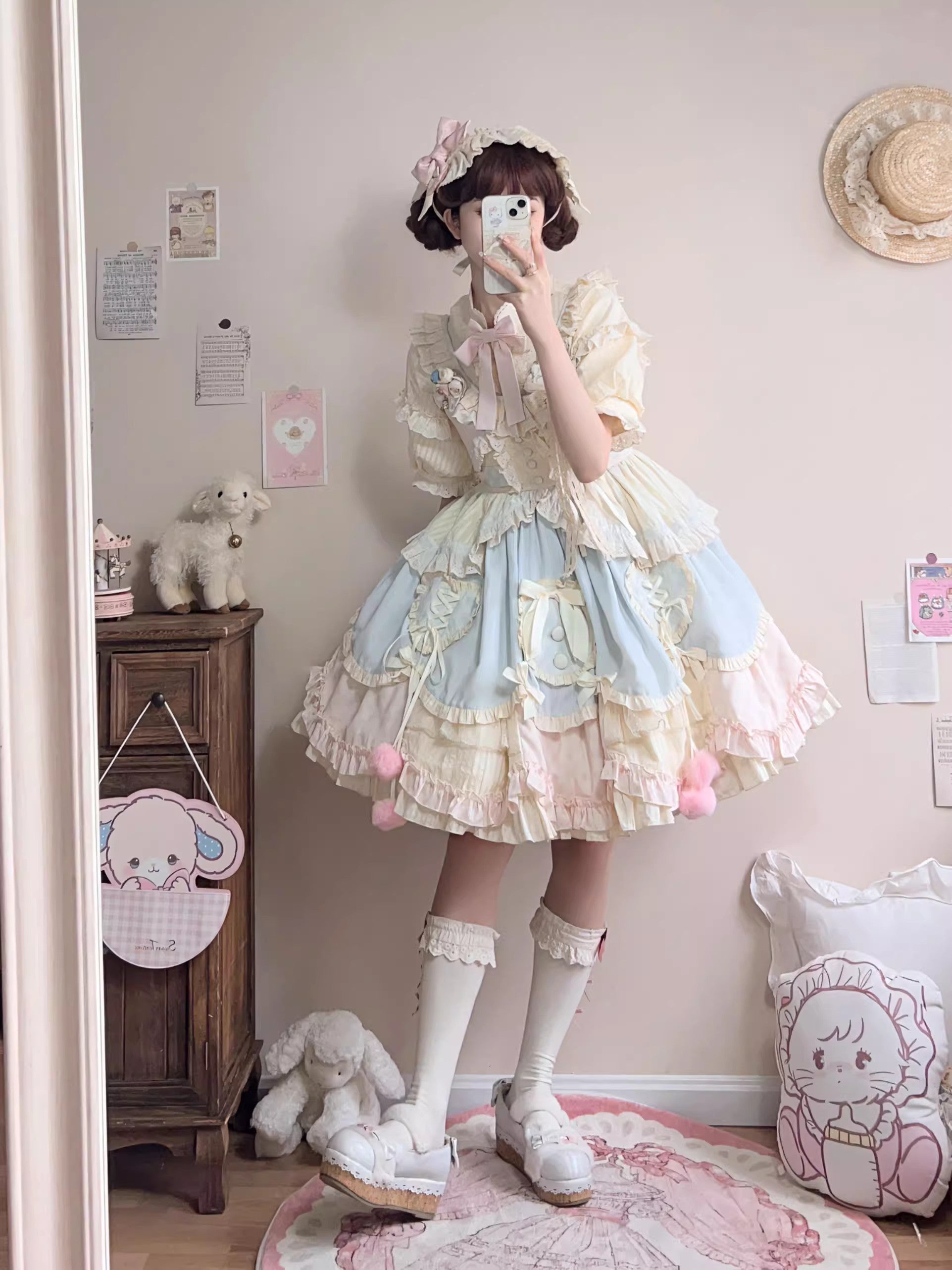 Multi-Color [Mianmian Macaron] Sleeveless Multi-Layered Ruffle Bowknot Lace Sweet Lolita Jsk Dress (Short Version)