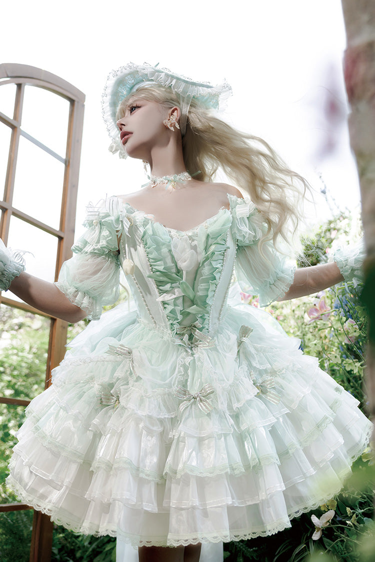 Green [Tulip and Wind Chime] Multi-Layered Ruffle Bowknot Lace Sweet Gorgeous Lolita Jsk Dress