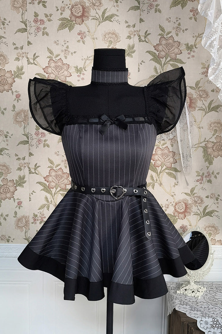 Grey Stripe Print Ruffle Bowknot Gothic Japanese Maid Lolita Dress