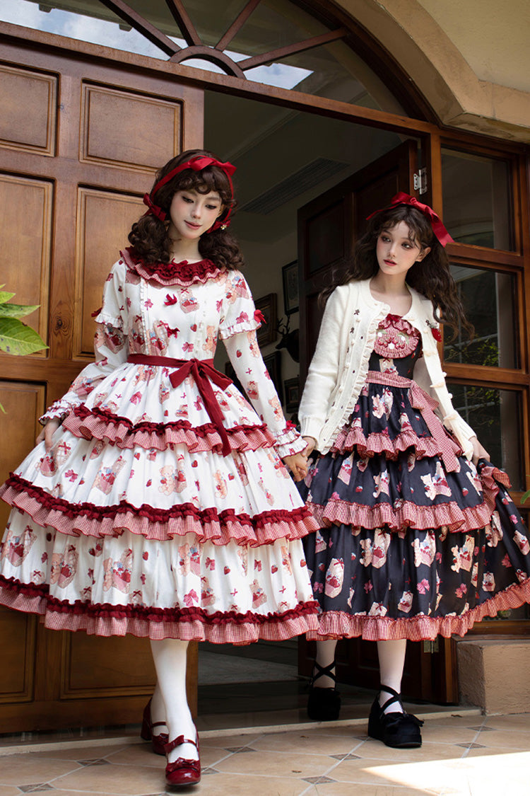 White/Pink [Bell Strawberry Farm] Print Long Sleeves Triple-Layered Ruffle Sweet Lolita Dress