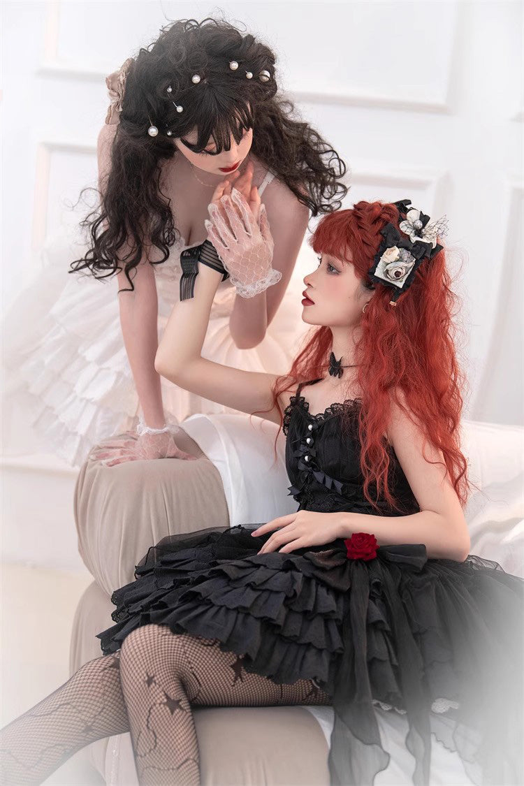 White High Waisted Multi-layer Rose Bowknot Lace-Up Gothic Lolita Jsk Dress
