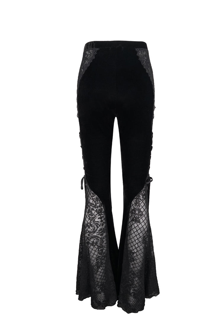 Black Translucent Velvet Jacquard Sexy Panel Lace-Up Plaid Flared Gothic Women's Pants