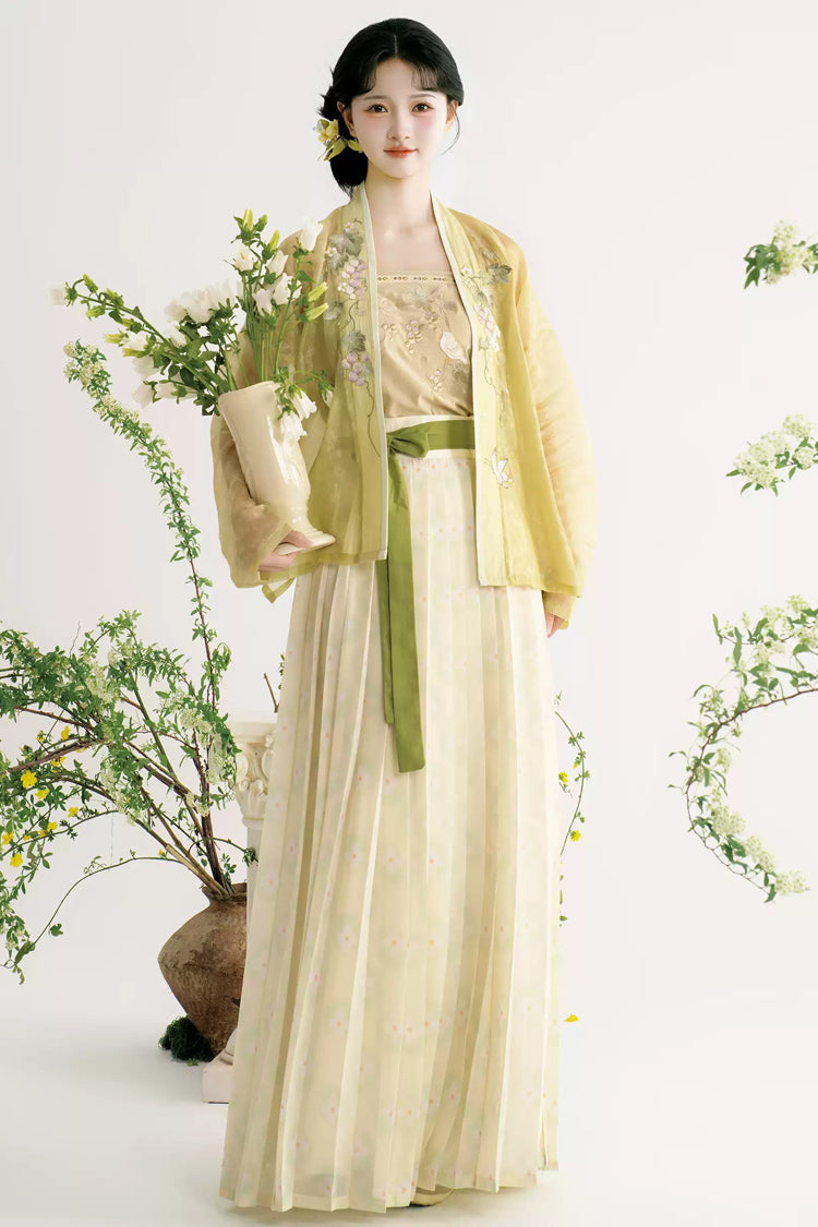 Grün/Aprikose [Traubenschmetterling] Lange Ärmel, hohe Taille, bedrucktes, besticktes süßes Hanfu-Kleid-Set für Damen