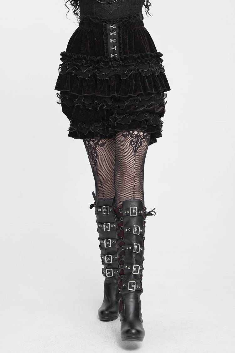 Black/Red Multi-Layered Beaded Ruffled Lace Women's Gothic Velvet Shorts