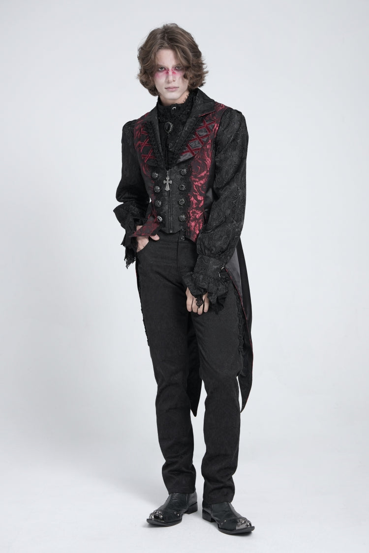 Gilet gothique à queue d'hirondelle pour homme sans manches noir/rouge avec laçage et fermeture éclair 