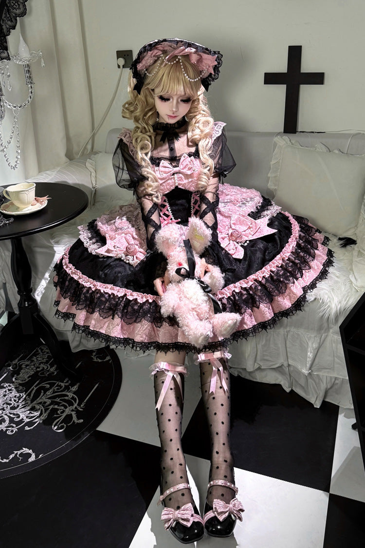 Black/Pink [Rose Princess] Sleeveless Ruffle Bowknot Lace Lace-Up Sweet Ballet Lolita Jsk Dress