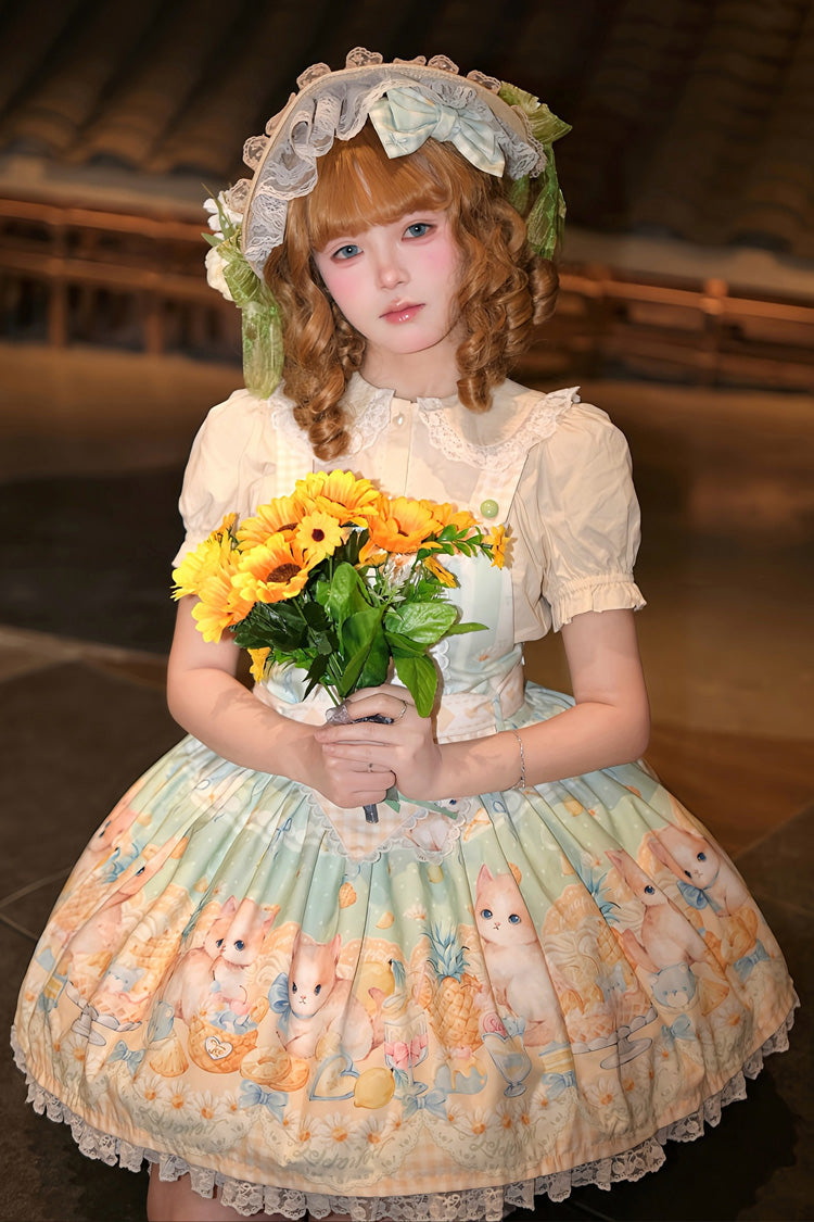 Green [Pineapple Cat] Print Sleeveless Bowknot Lace Sweet Lolita Strap Dress