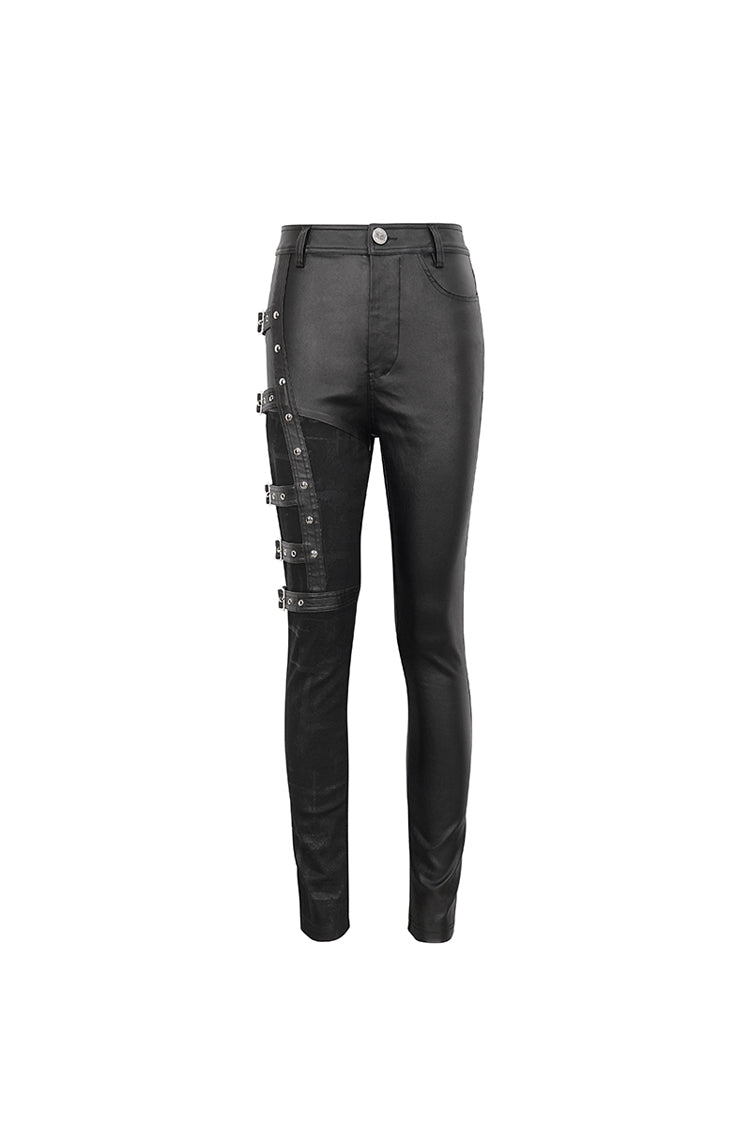 Black Tight Leather Multi Buckle Splice Women's Punk Pants