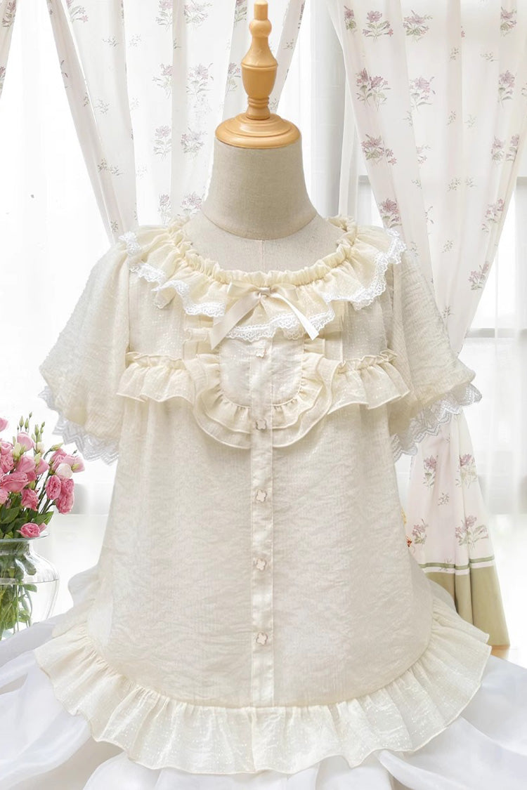 Sweet Elegant Round Collar Ruffle Short Sleeves Lolita Chiffon Blouse 2 Colors