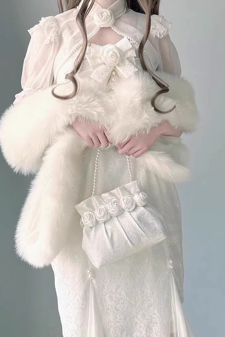 White [Camellia 1.0] Sleeveless Jacquard Ruffle Lace Sweet Chinese Style Lolita Jsk Fishtail Dress