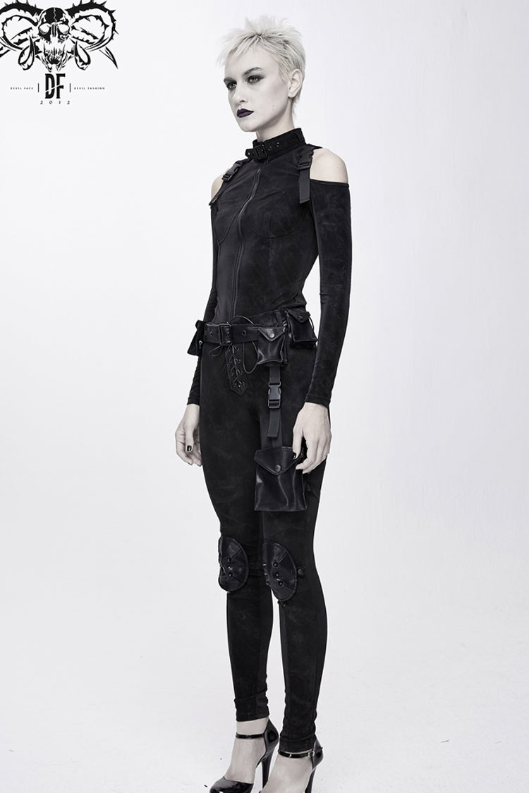 Black Hasp Knitted Collar Off-Shoulder Ribbon Irregular Floral Pattern Stretch Women's Punk Coat