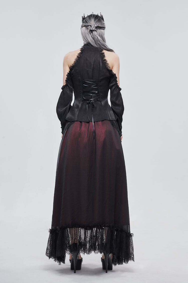 Black Lantern Sleeves Off The Shoulder Halter Lace Ruffled Women's Gothic Shirt