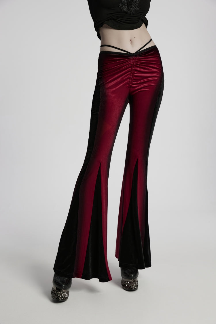 Rote, schmal geschnittene, plissierte Damen-Gothic-elegante Schlaghose aus Samt mit Kordelzug