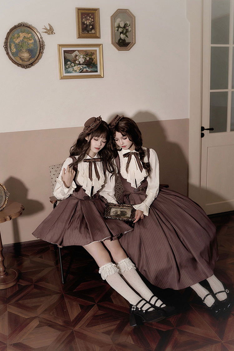 Brown [Manchester City's Past] Striped Print Breast Support Short Version Sweet Lolita Dress