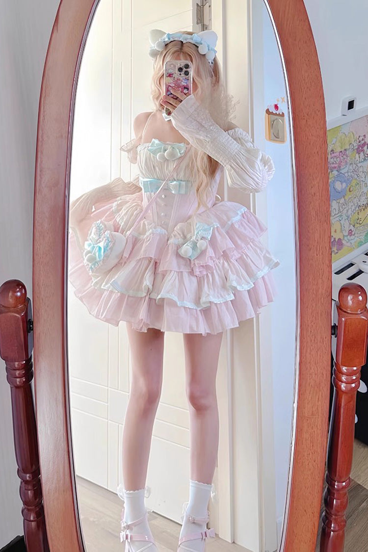 Pink Multi-layer Ruffle Bowknot Sweet Princess Lolita Tiered Dress