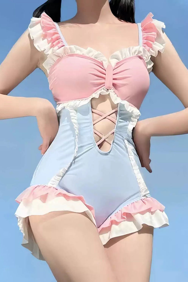 Blau/rosafarbener, ärmelloser, gerüschter, ausgeschnittener und schnürbarer Sweet-Lolita-Badeanzug mit quadratischem Kragen