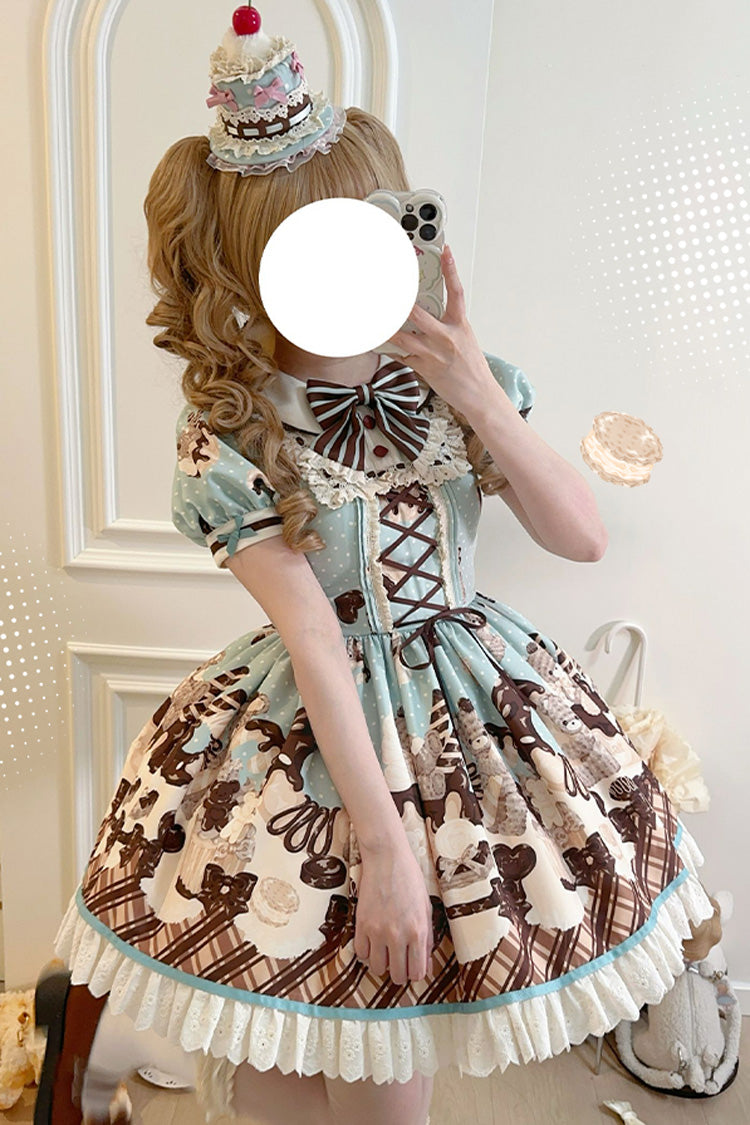 Brown [Peppermint Chocolate] Chocolate Cake Bear Print Ruffle Bowknot Lace-Up Sweet Lolita Dress