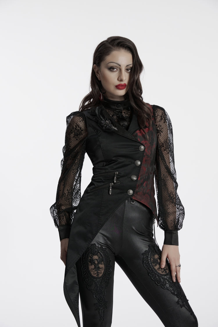Black V Collar Sleeveless Embroidery Lace Asymmetric Women's Gothic Vest