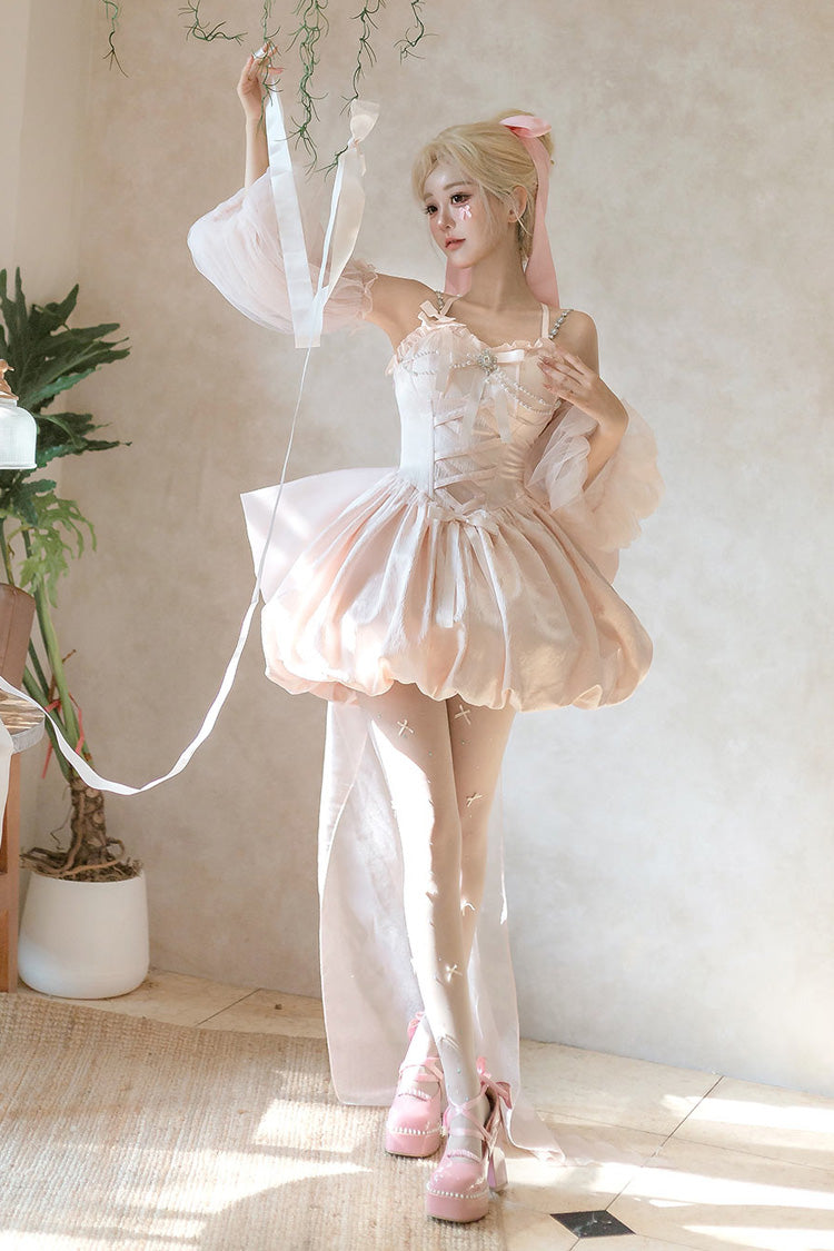 Pink [The Runaway Princess] Sleeveless Ruffle Bowknot Lace-Up Sweet Lolita Jsk Tulip Dress Set