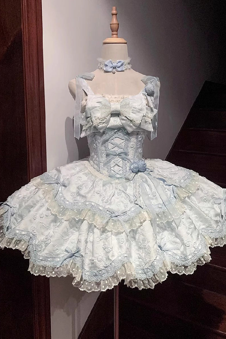 Robe Sweet Lolita Jsk à volants double couche broderie nœud papillon en dentelle [Floral Overture] bleue 