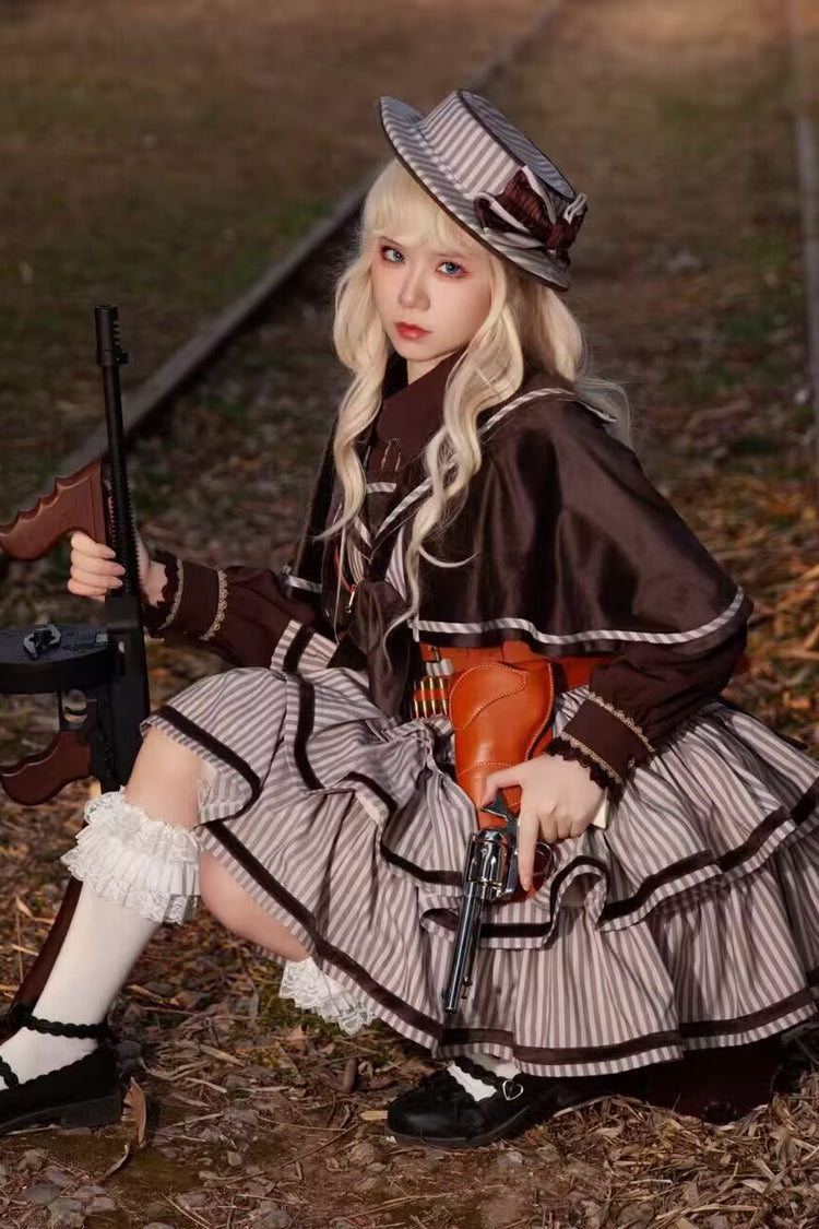 [From Afar] Sleeveless Triple-Layered Stripe Print Bowknot Sweet College Style Lolita Dress 2 Colors