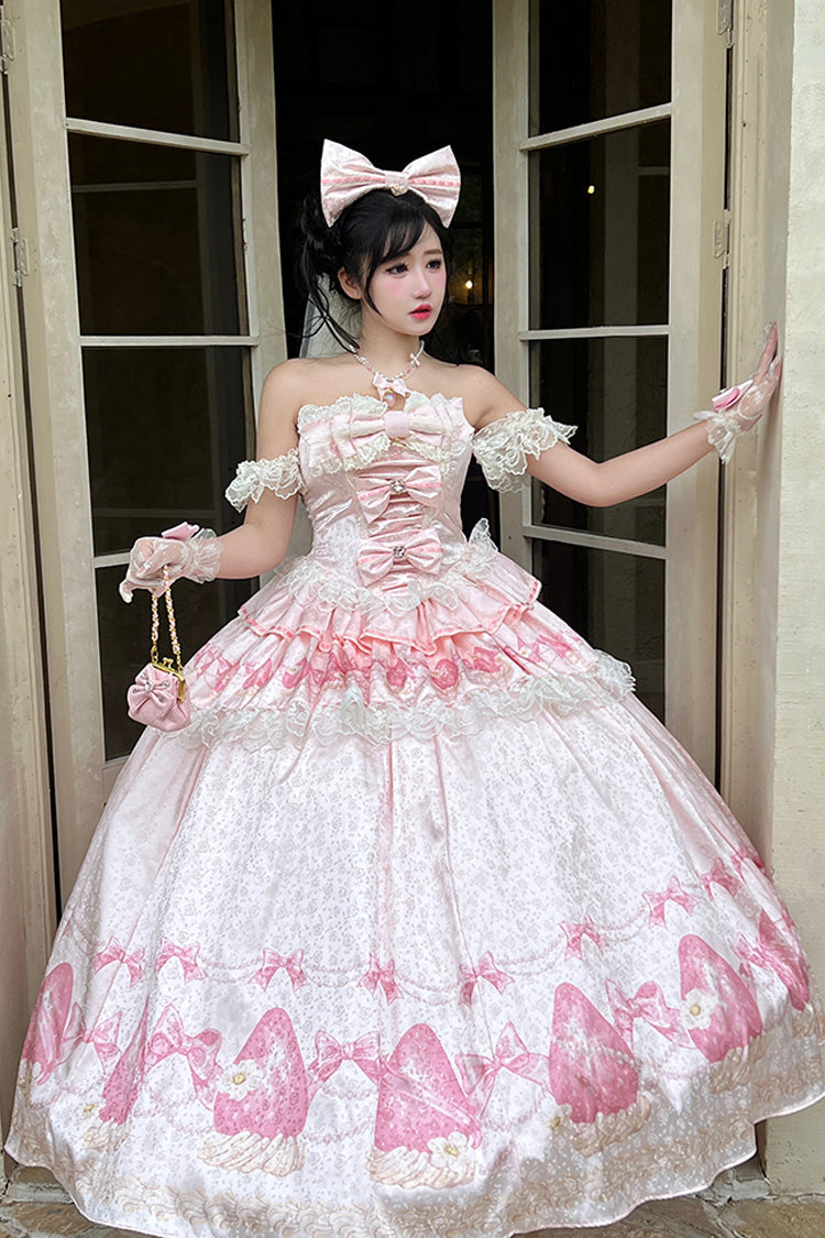 Pink [True Love Strawberry] Print Off Shoulder Sleeveless Ruffle Bowknot Lace Sweet Princess Lolita Dress Set