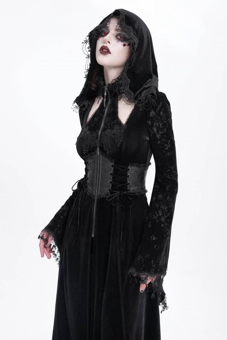 Black Long Sleeves Hollow Embroidery Hooded Ripped Women's Gothic Dress Coat