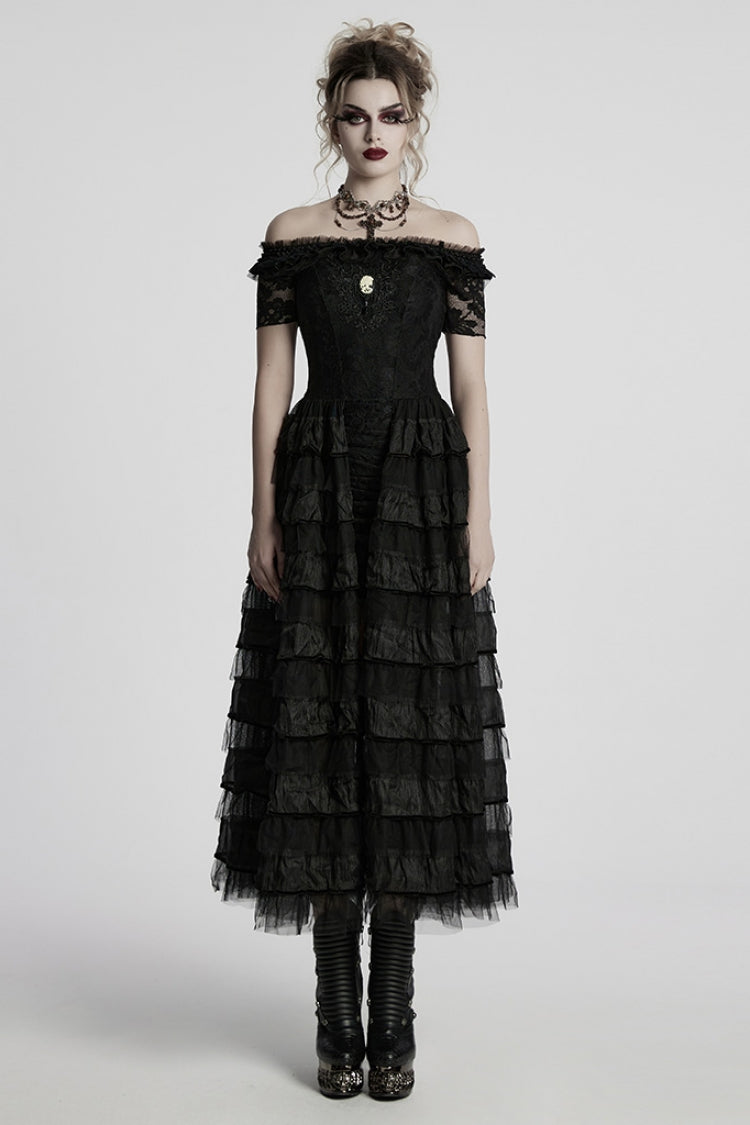 Black Off Shoulder Short Sleeves Multi-Layered Embroidery Women's Punk Dress