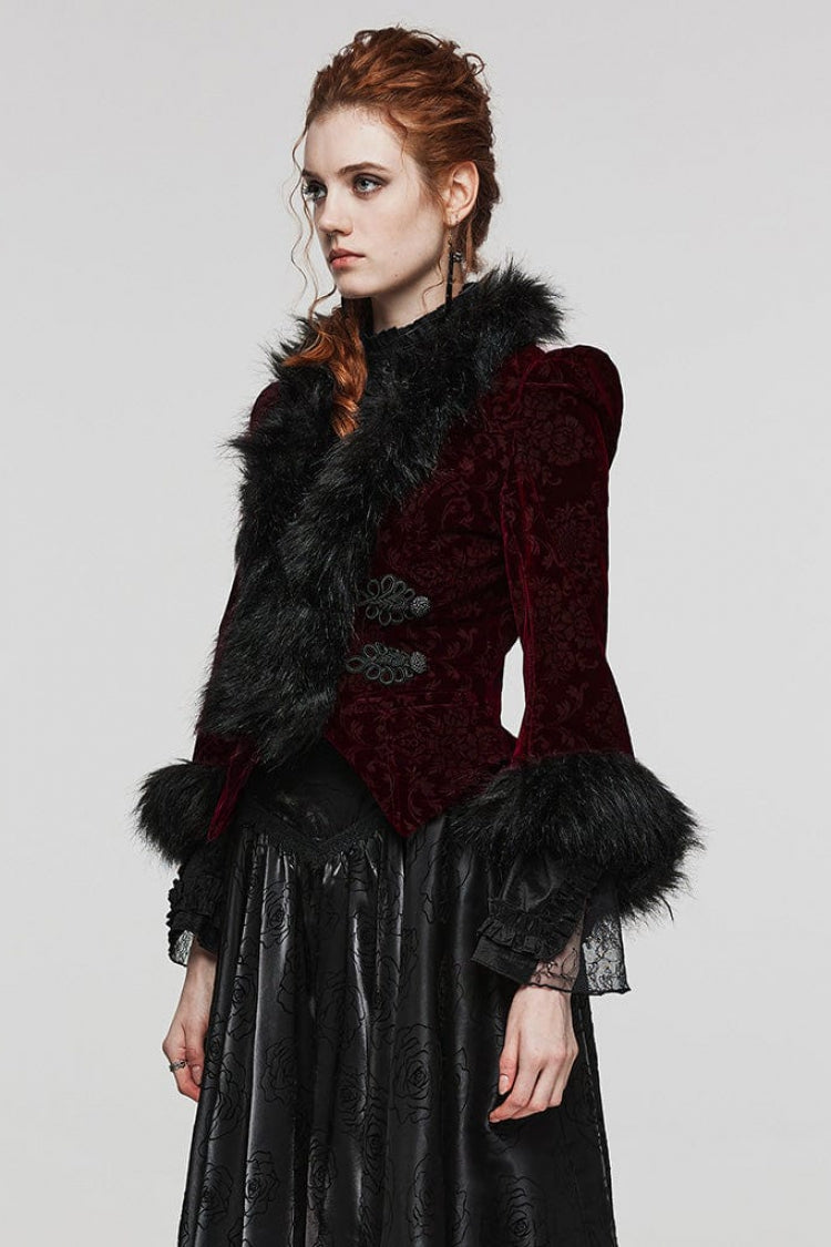 Women's V Collar Long Sleeves Faux Fur Stitching Gothic Coat 4 Colors