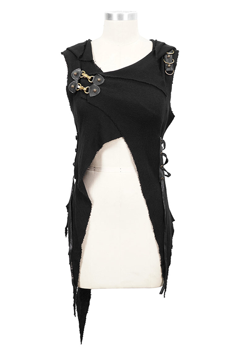 Black Sleeveless Irregular Hooded Womens Gothic Vest