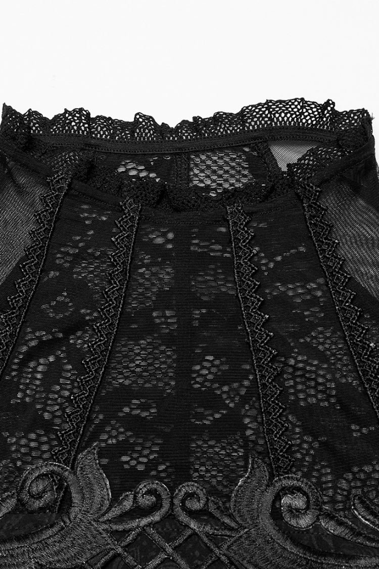 Schwarzes schulterfreies Gothic-Kleid mit Print-Nähten und unregelmäßigem Netzstoff für Damen