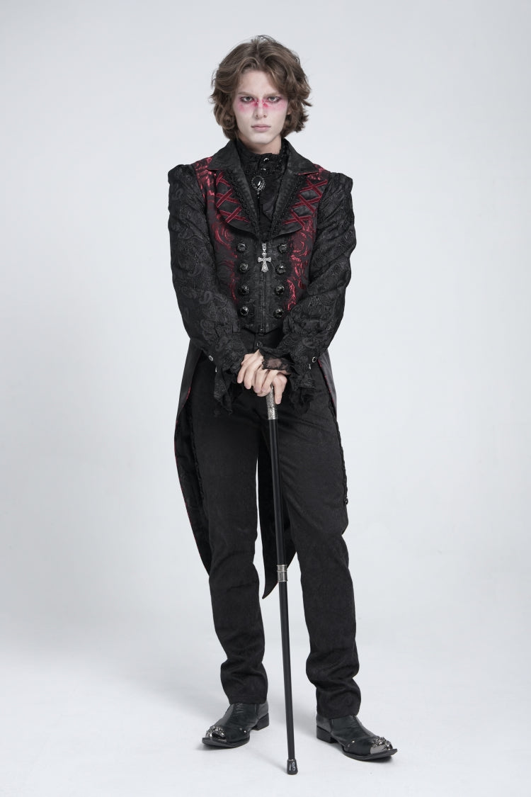 Gilet gothique à queue d'hirondelle pour homme sans manches noir/rouge avec laçage et fermeture éclair 