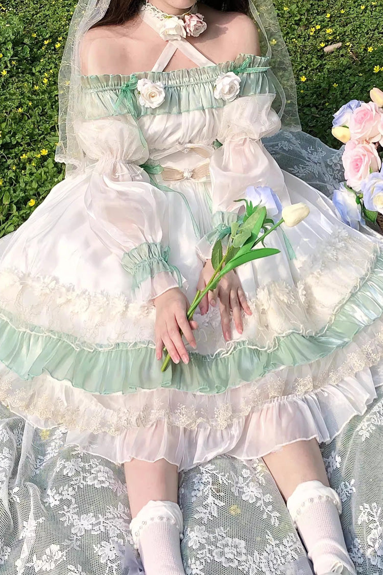 Green [Spring of Boliya] Long Sleeves Multi-Layered Ruffle Bowknot Lace Lace-Up Sweet Princess Lolita Dress