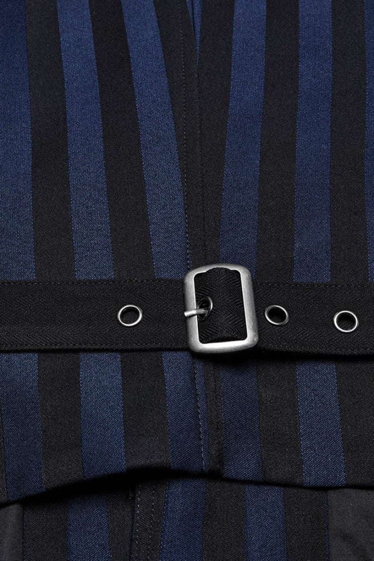 Black/Blue V Collar Sleeveless Striped Print Buckle Men's Punk Vest