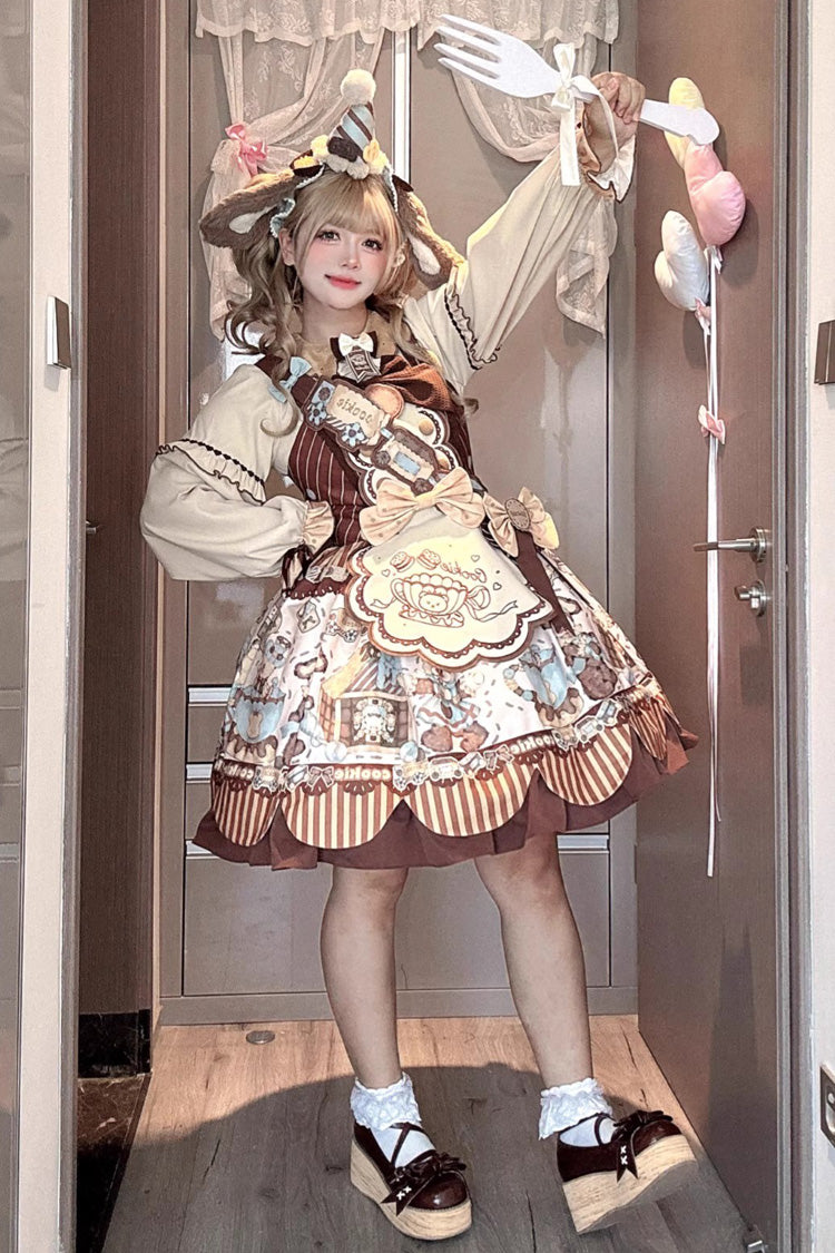 [Bear Cookie] Sleeveless Print Bowknot Sweet Lolita Jsk Dress Set 2 Colors