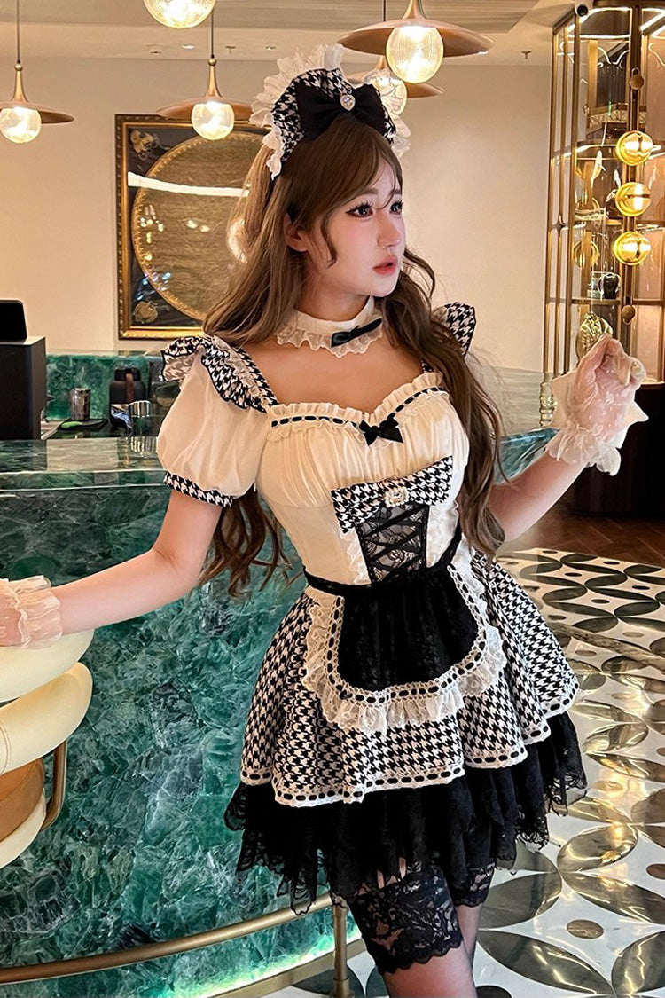 Black/White [Lovely Houndstooth] Square Collar Short Sleeves Print Ruffle Bowknot Lace Maid Sweet Lolita Dress